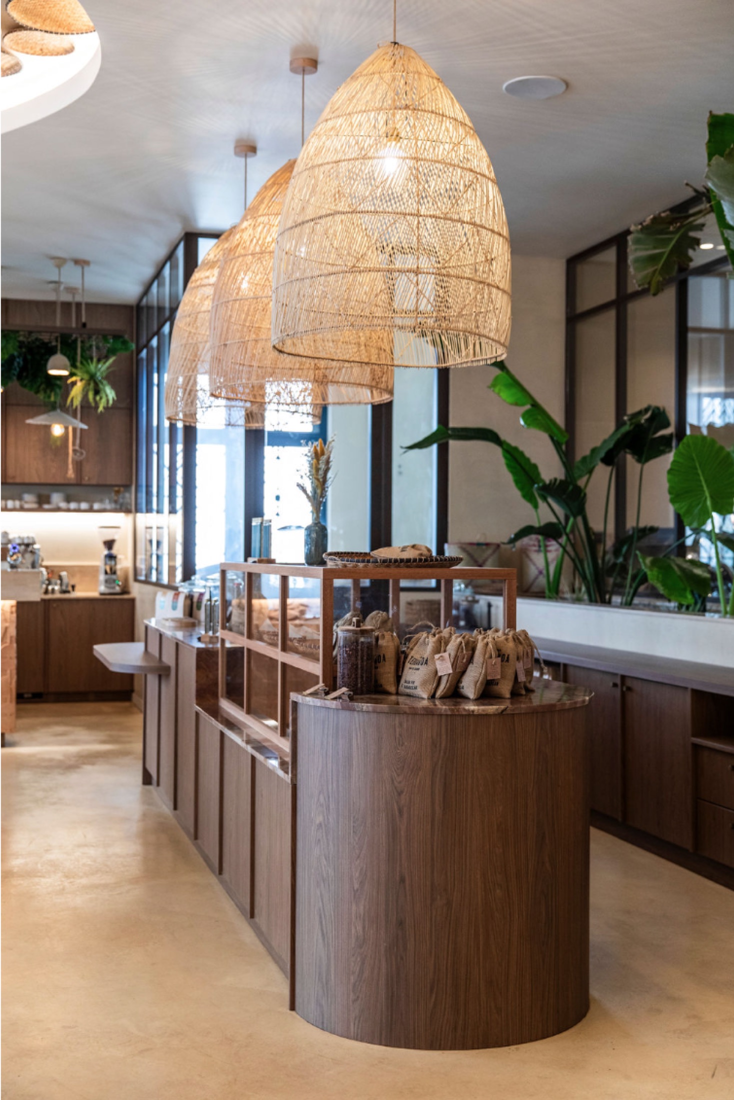 Mobilier bois et suspensions dans la chocolaterie Terrakoa