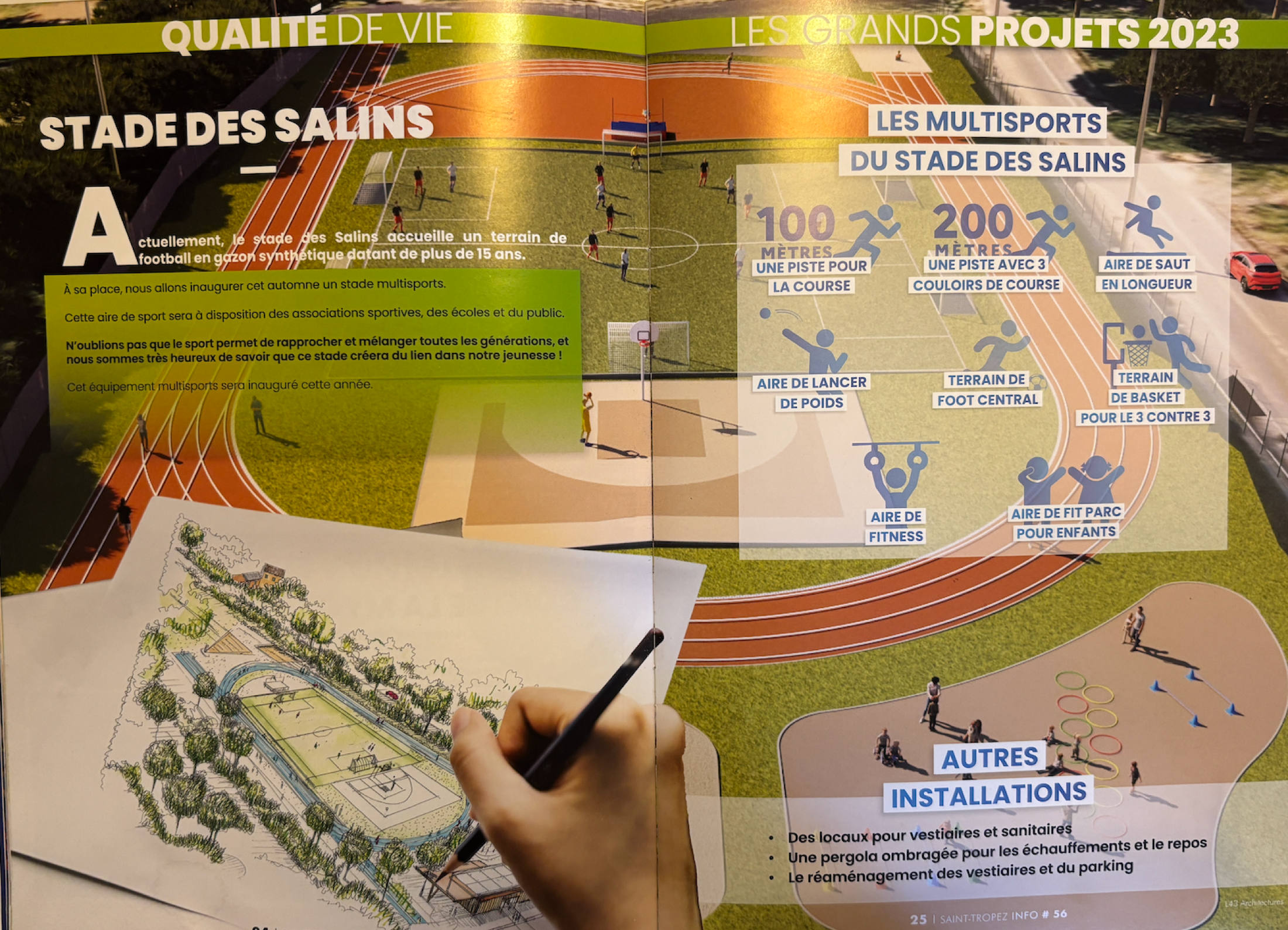Double page de Saint-Tropez Info présentant le stade multisports des Salins