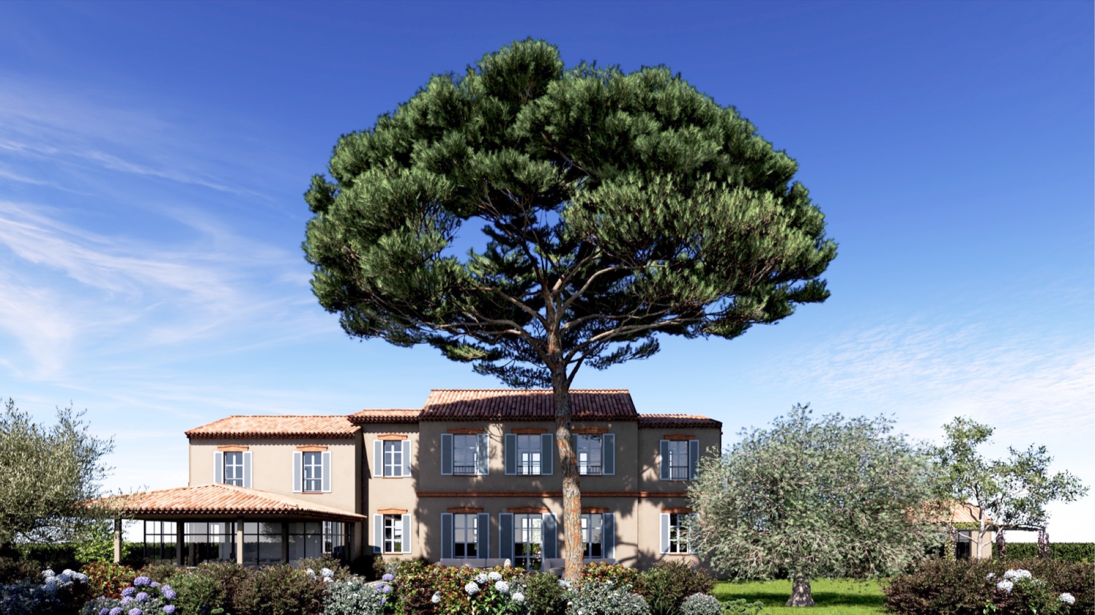 Vue paysagère de la Villa Marifée et de son pin parasol