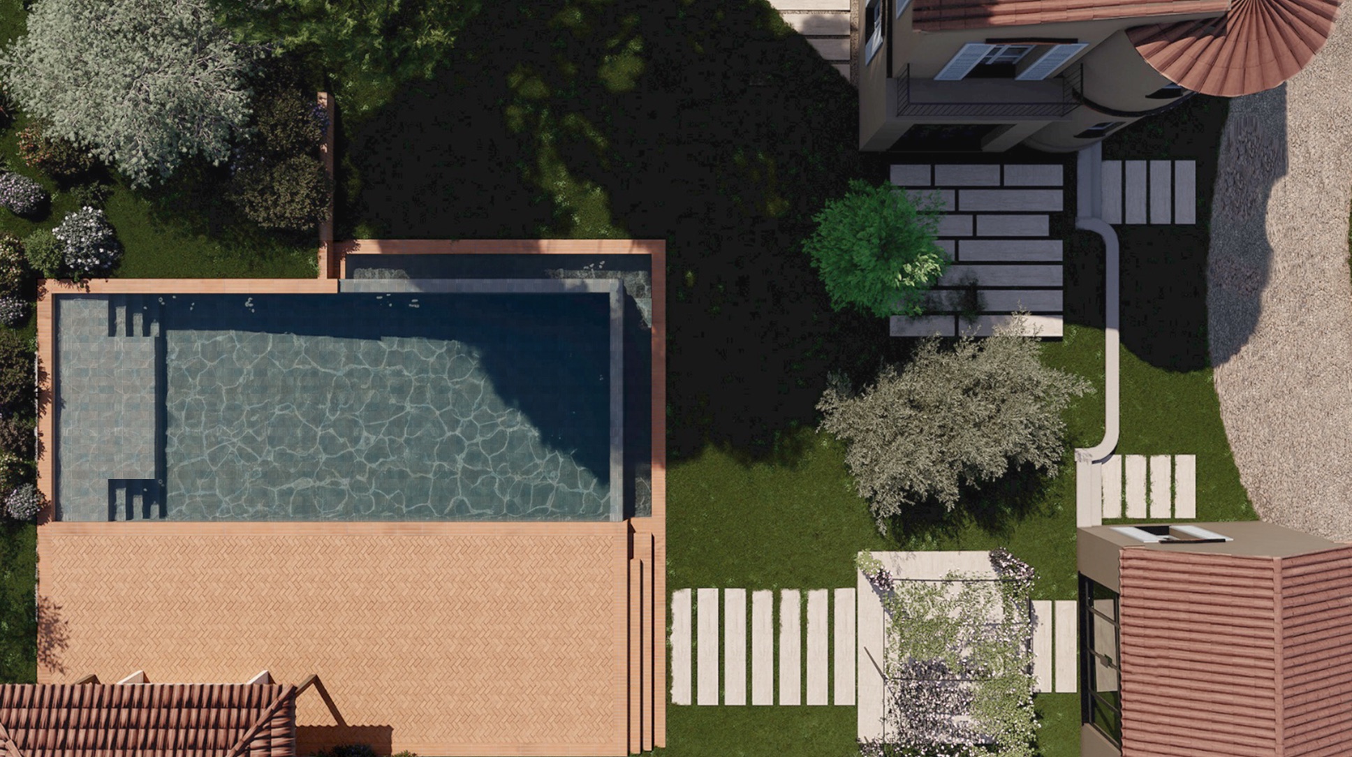 Vue aérienne de la piscine et du jardin de la Villa Marifée